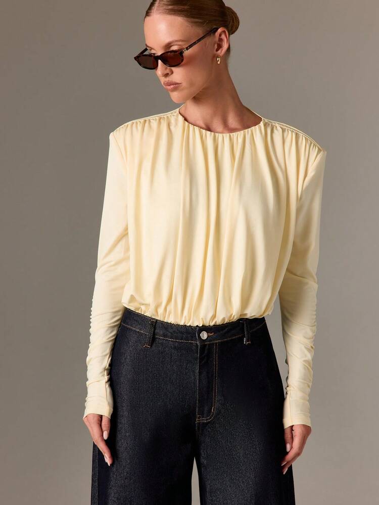 Backless Bodysuit With Draped Design And Ruched Sleeves