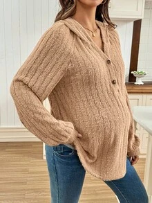 SHEIN 休闲居家聚会孕妇纯色插肩长袖抓绒卫衣冬季服装长袖外出上衣时尚棕色上衣 - 卡其色 - 查看 6