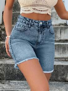 EURMUSE 100%Cotton Mini Short Fold Up And Back Label Detail - Medium Wash - View 7