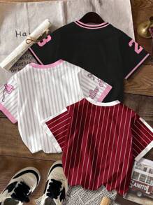 休闲图案条纹数字 23 和字母印花 T 恤，白色、复古红色、黑色和粉色，年轻女孩基本款圆领短袖 T 恤，撞色条纹，适合春夏季 - 彩色 - 查看 2