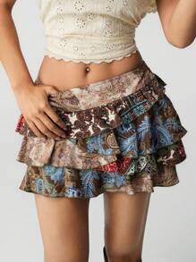 SHEIN ICON Retro Printed Layered Mini Skirt Boho Skirt Tiered Ruffle Skirt - Multicolor - View 5
