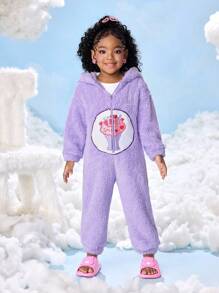 SHEIN X Care Bears 小女孩可爱卡通刺绣图案长袖连帽拉链柔软毛绒紫色3D耳朵设计连体睡衣