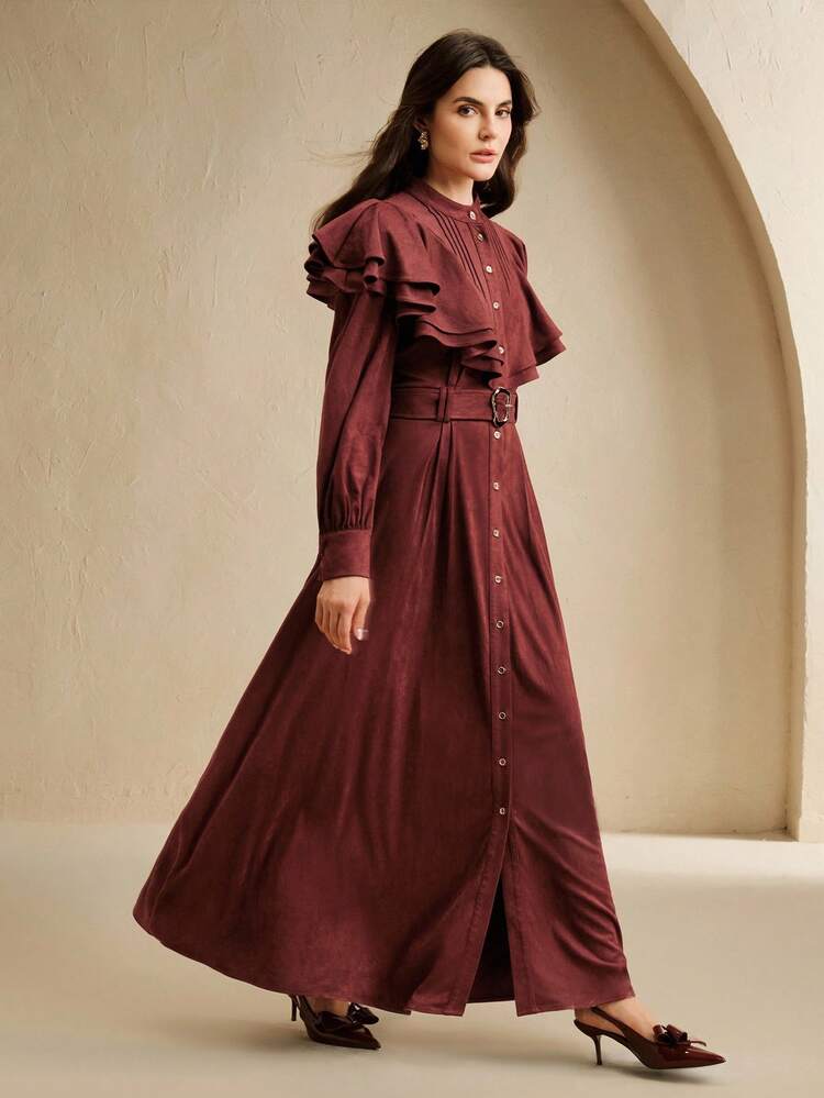 Women's Retro Suede Ruffle Collar A-Line Dress With Metal Buckle Belt, Elegant Solid Color Dress For Autumn/Winter