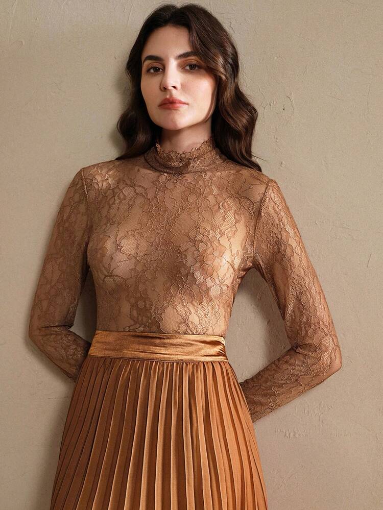 Women's Lace Blouse, Slim Fit, Elegant, Versatile, Semi-Sheer Pullover Top