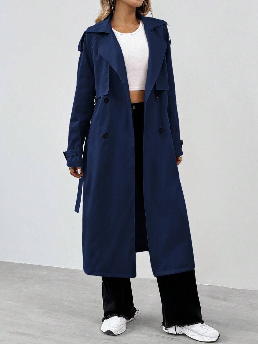 SHEIN Tall 女款純色雙排扣繫帶風衣,秋冬款,適合高個女性 - 藏蓝色 - 查看 1