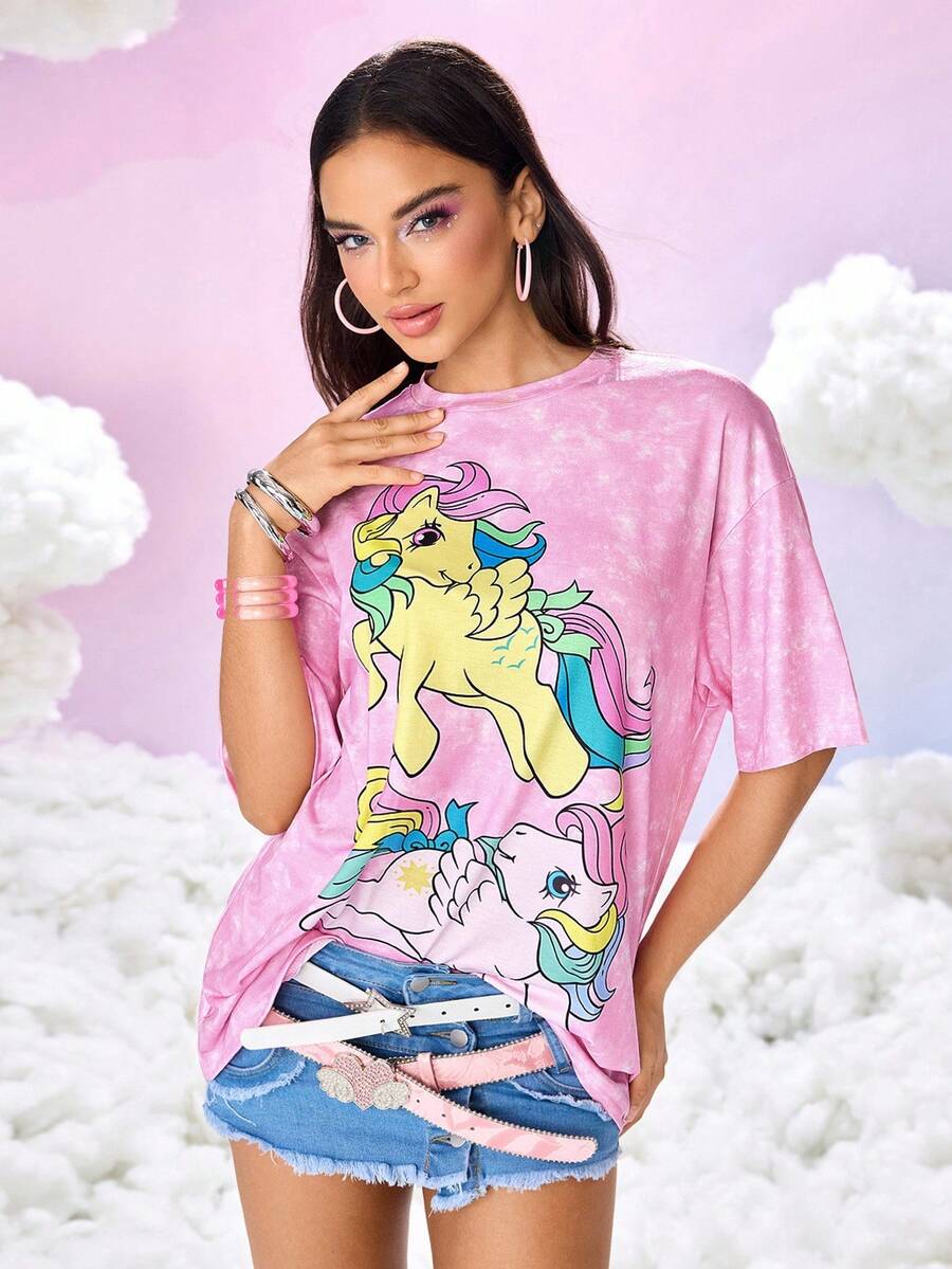 My Little Pony X SHEIN Women's Casual Everyday Street Chic Cartoon Pegasus & Tie-Dye Print Loose Fit T-Shirt, Summer - Pink - View 1