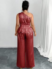 Ellevyn Bộ 2 áo crop top không tay họa tiết lá vàng thanh lịch và quần ống rộng cho nữ cỡ lớn - Đỏ - Xem 2