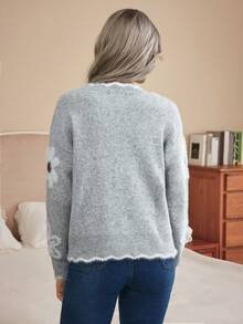 EMERY ROSE Women Elegant Floral Pattern Lace Trim Knit Sweater - Light Grey - View 2