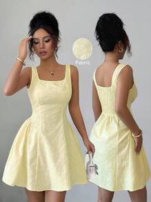 Elenzga 法式方领花卉纹理腰部修身优雅优雅 A 字短裙，适合女士、秋季、万圣节、返校节、返校节、复古女装、可爱女装、秋季时尚、中长连衣裙、绷带连衣裙