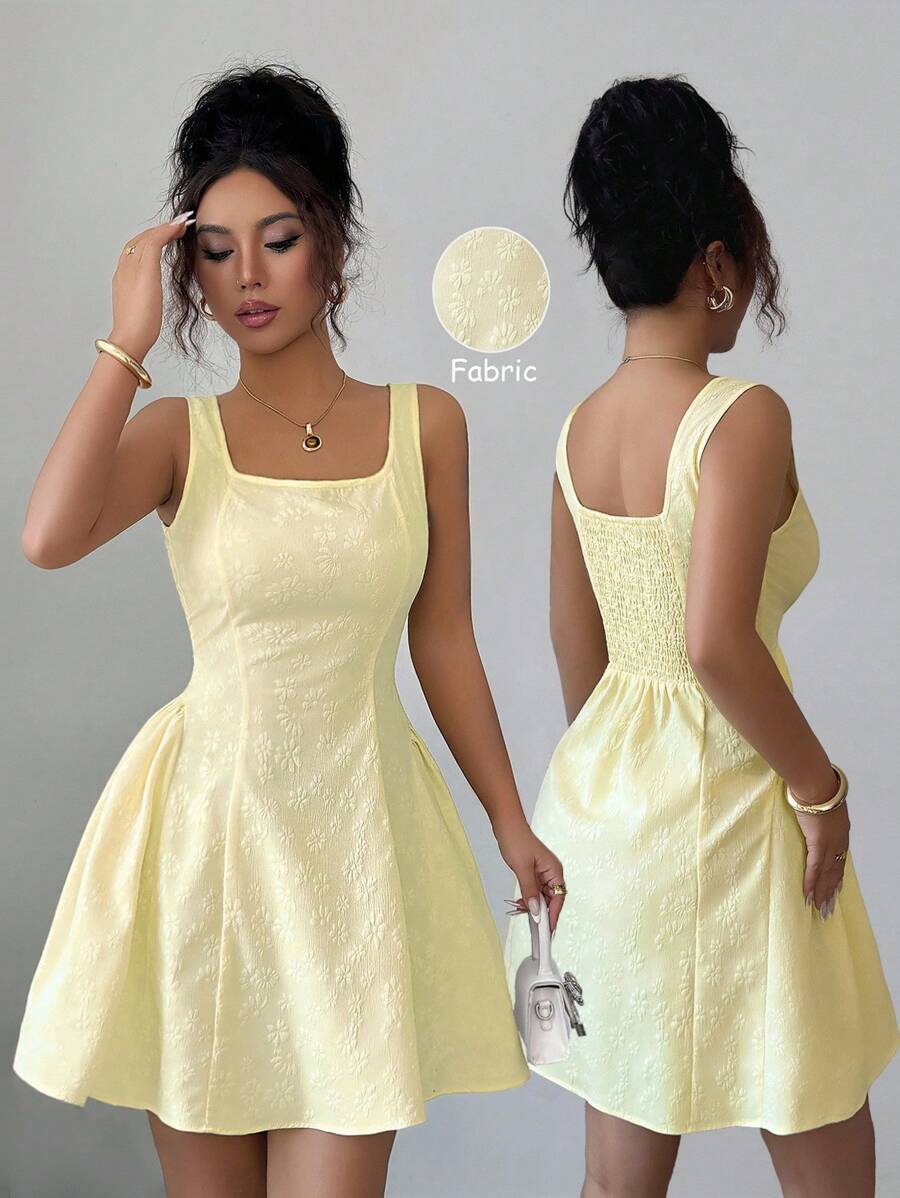 Elenzga 法式方领花卉纹理腰部修身优雅优雅 A 字短裙，适合女士、秋季、万圣节、返校节、返校节、复古女装、可爱女装、秋季时尚、中长连衣裙、绷带连衣裙