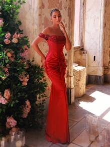 Glamrae Elegant Luxurious Burgundy Off Shoulder Sleeve Beaded Sequin Patchwork Elastic Satin Ruched Sexy Mermaid Dress With Train, Suitable For Weddings, Parties, Graduations, Galas, Formal Events (Heavy-Duty) - Burgundy - View 6