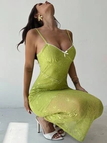 Firerie 女士休闲绿色蕾丝提花蝴蝶结连衣裙/蕾丝连衣裙/秋季女装/秋冬打底装/校服/露肩/约会夜装/浪漫约会/派对装/节日装 - 綠色 - 查看 6