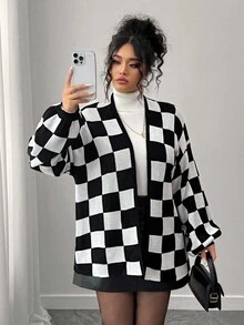 Elenzga Gothic Academia Check Detail Halloween Autumn/Winter Fashion Casual Color Block Checkerboard Patchwork Women Loose Fit Plus Size Cardigan, Outerwear Suitable For Outing, Vacation, Party Black And White Checkered Cardigan