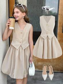 SHEIN Tween Girls Solid Apricot Beige Puffy Hem Suit Vest 2 In 1 Sleeveless Dress, Back To School, Formal Dresses, Summer Dress, Girls School Dress, School Clothes For Girls, Teen Girl Clothes For School, Girls School Clothes, Girls Back To School Outfits, Mommy And Daughter Outfits - Khaki - View 1