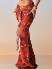 Hauture Falda larga ajustado de malla con volantes y estampado abstracto de animal, sexy para fiesta de verano y vacaciones