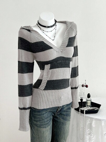 Elamini Women's V-Neck Long Sleeve Casual Versatile Colorblock Striped Hoodie Sweater