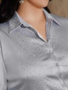 Anewsta Plus Size Women's Solid Color Rhinestone Embellished Collar Commuter Shirt - Blue - View 1