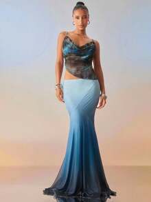 Hauture Falda larga de malla de verano con degradado azul ombré para fiestas y vacaciones sexy - Azul - Ver 1