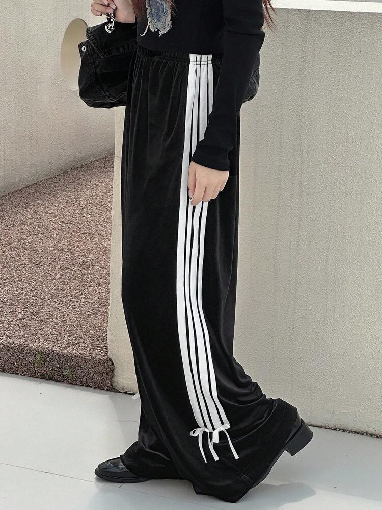 Teen Girl Straight Leg Velvet Pants With Contrast Waistband, Autumn