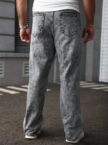 Manfinity LEGND Plus Size Men's Gray Washed Mature Street Style Personalized Ripped Design Straight Jeans - Grey - View 2