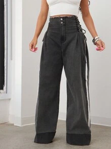 Vixey 女式侧系带磨边阔腿宽松休闲牛仔裤 - 黑色 - 查看 6