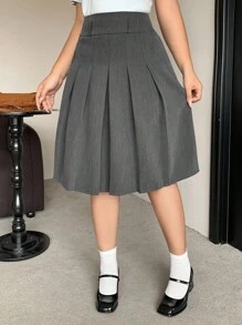 Dazy Plus Váy dài đến đầu gối xếp ly chữ A màu trơn cỡ lớn cho nữ, phong cách học sinh mùa thu - Màu xám đen - Xem 3