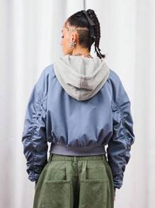 COUREZ Chaqueta con capucha azul oversize/Tops lindos Y2K para salir, volver a la escuela, chaqueta primaveral para mujeres - Neblina azul - Ver 3