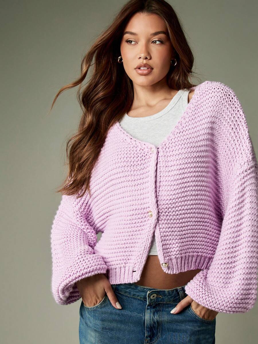 MISSGUIDED 粗针织短款开衫纽扣前开襟超大灯笼袖 V 领冬秋季毛衣舒适休闲针织衫