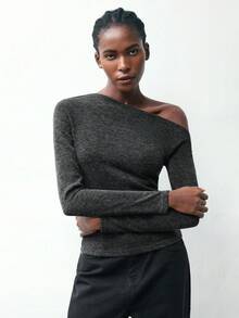 Maija 2025 Asymmetric Shoulder Fitted Elegant Long Sleeve Women T-Shirt,Fall For Women, Winter, Halloween,National Day, Going Out, Going Out Top, Elegant Women's Tops,Autumn And Winter Base Shirt, Basic Style, Versatile, Long-Sleeved, Slim-Fit Knit - Dark Grey - View 6