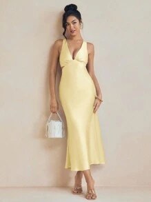 Amiko 浅黄色斜纹缎面吊带裙，搭配系带婚礼优雅连衣裙夏季度假 - 黃色 - 查看 9