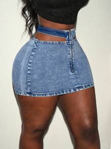 Slaydiva Women's Sexy Hollow Out Fitted Mini Denim Skirt, Summer - Medium Wash - View 4