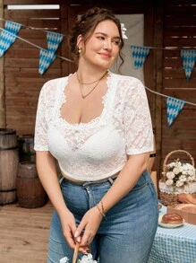 SHEIN Frenchy 加大码优雅简约蕾丝纯色方领衬衫，适合啤酒节、连衣裙 - 白色 - 查看 1