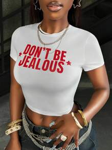 Rovax 女士字母印花修身短款 T 恤，夏季女士上衣 - 白色 - 查看 3