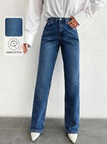 SHEIN Tall 100%Cotton Straight Zipper Fly Denim TALL Jeans Jeans Women High Waist High Waist Jeans Jeans For Women - Dark Wash - View 1