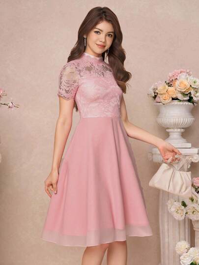 Pitira Pitira 少女粉色透明蕾丝边拼接雪纺下摆中长连衣裙，适合节日、派对、优雅、婚礼、返校、毕业典礼