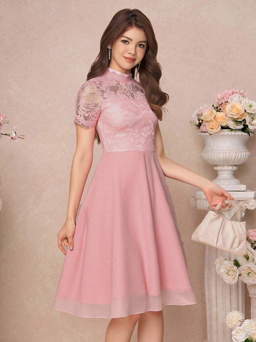 Pitira Pitira 少女粉色透明蕾丝边拼接雪纺下摆中长连衣裙,适合节日、派对、优雅、婚礼、返校、毕业典礼 - 粉色 - 查看 1