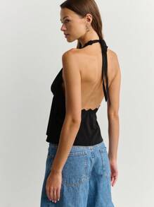 Nöista Top halter sin espalda con borde de encaje de color negro sólido, para verano y salir - Negro - Ver 2