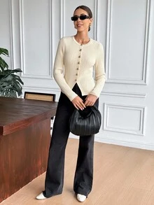 SHEIN Frenchy Women's Elegant Crew Neck Long Sleeve Textured Knit Cardigan,White Gold Button Waist-Defining Fit Sweater For Autumn Brunch,Christmas New Year Top - Grey - View 4