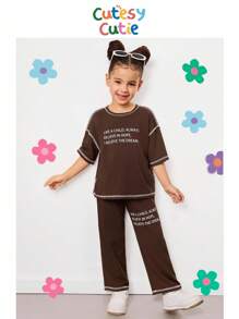SHEIN Young Girl Knitted Letter Printed Loose Fit Round Neck Pullover T-Shirt And Knitted Leeging Set, Casual Everyday Wear, Great For Casual & Daily Wear & School Daily ,Suitable For Spring And Summer,Suitable For Girls Daily Wear - Brown - View 1