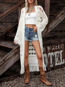 LanaWest Enfärgad, ihålig tofs, bohemisk lång kofta för kvinnor - Vitt - Visa 5