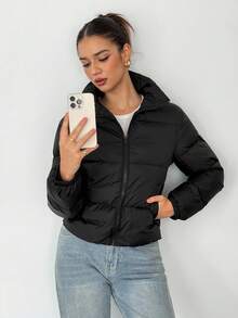 SHEIN Tall 短款女士冬季棉服外套 - 黑色 - 查看 9