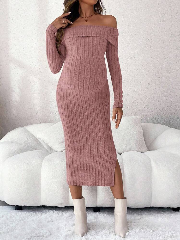SHEIN 孕妇纯色露肩长袖罗纹修身优雅连衣裙 - 粉色 - 查看 5