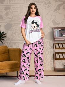 Astro Boy X SHEIN Große Größen Cartoon Figur Grafik Farbblock Kurzarm Top und Hose Pyjama Set Damen Pyjamas Rosa Pyjamas Charakter Pyjamas Herbstbekleidung - Pink - Übersicht 3