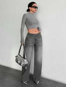 EURMUSE Pantalones vaqueros rectos de ajuste holgado y casual de 100% algodón con bolsillos para uso diario de mujeres - Gris Claro - Ver 4
