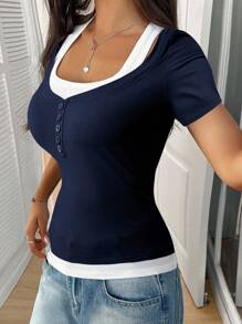 SHEIN Unity Contrasting Color Patchwork Unique Design Fitted T-Shirt - Navy Blue - View 5