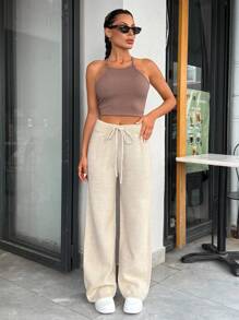 EURMUSE Casual High Waist Solid Color Plain Pattern Wide Leg DrawCord Detailed Belt Knitted Panrs - Apricot - View 4