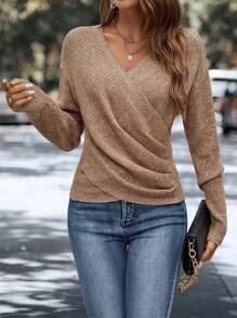 Calvaya 交叉圍裹落肩袖套頭毛衣