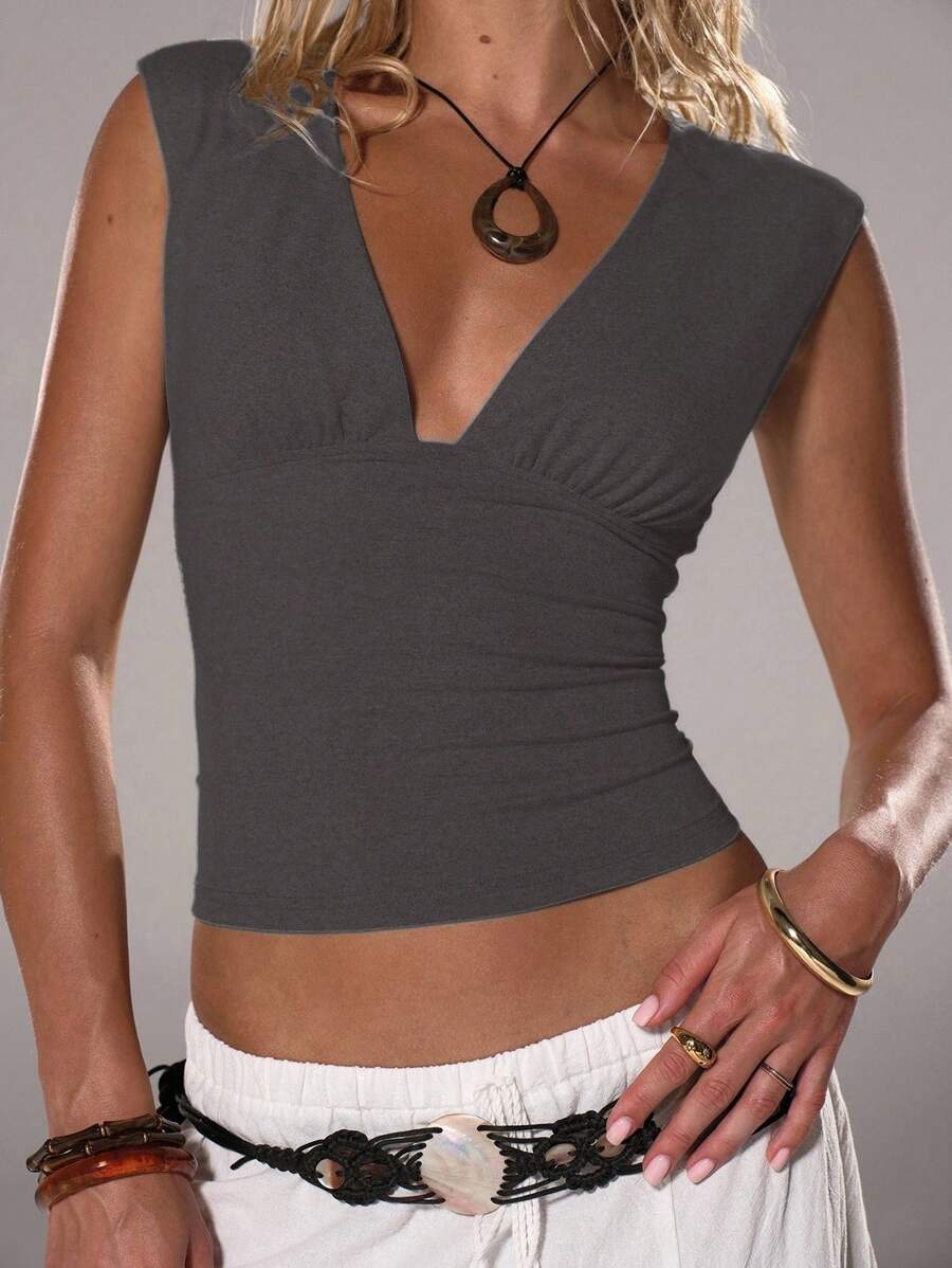 Flirla Women's Deep V-Neck Tight Casual Versatile Top, Spring/Summer - Grey - View 1