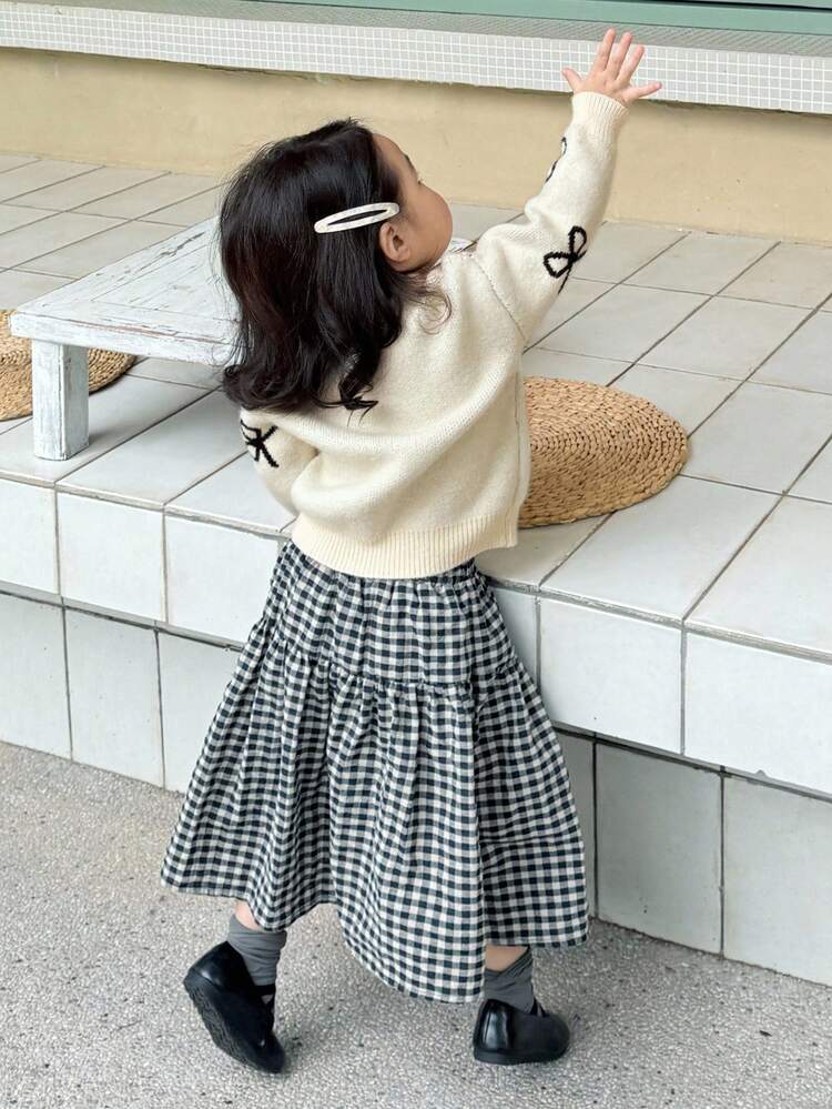 Toddler Girls' Round Neck Korean Style Bow Contrast Color Cute Long Sleeve Sweater, Spring/Autumn