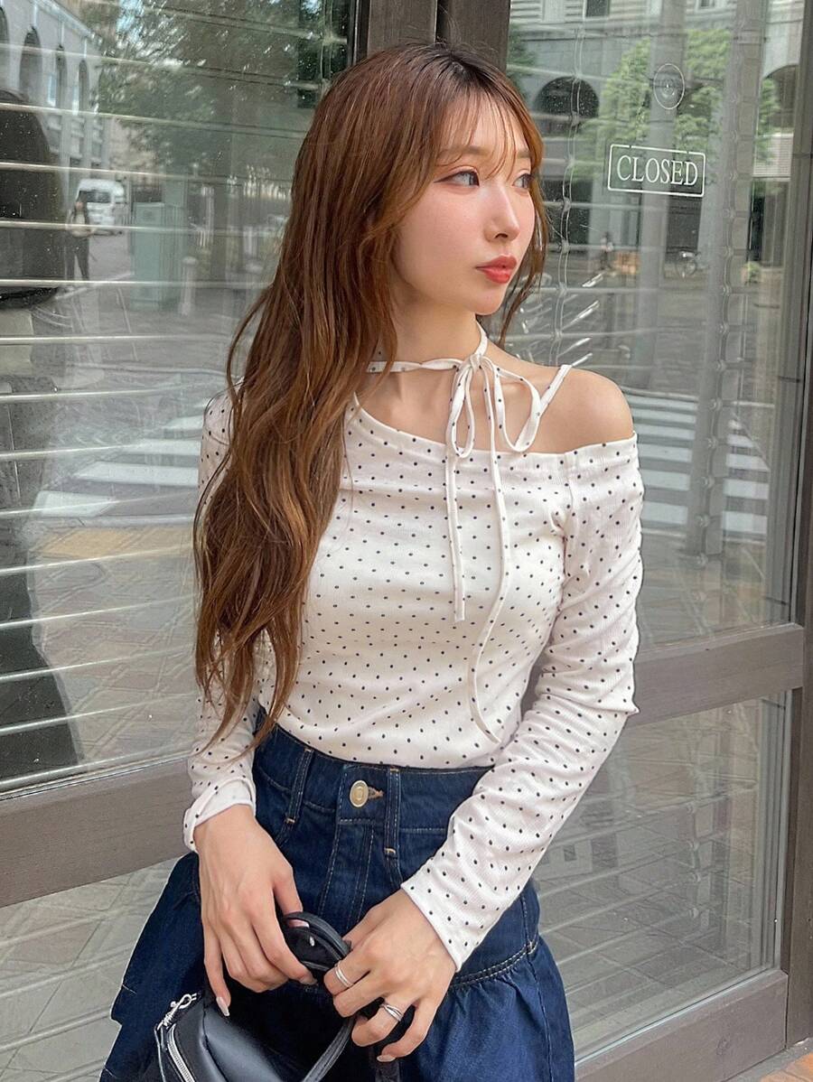 FRIFUL Women's Oblique Collar Asymmetrical Neckline Long Sleeve Polka Dot Drawstring Tie Shoulder Fitted Casual Versatile T-Shirt, Autumn
